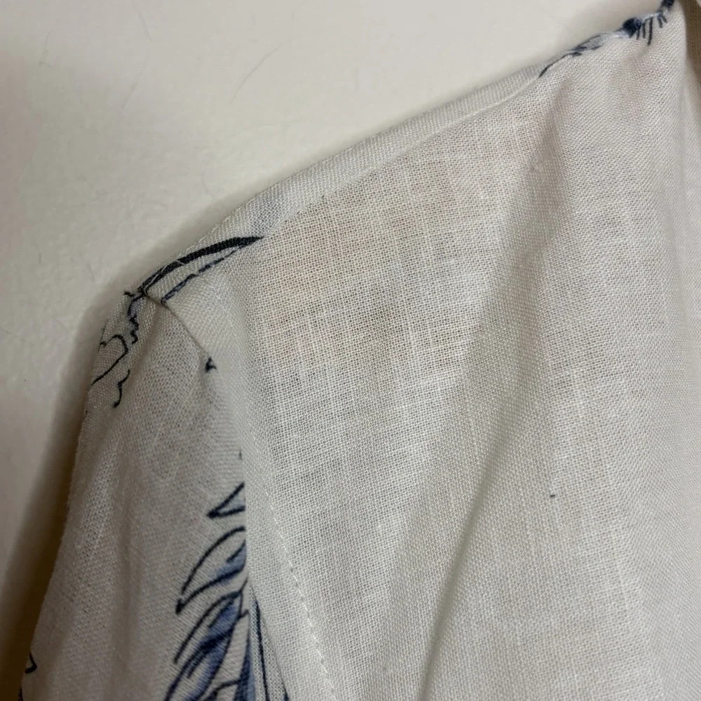 Linen Blend Tropical Floral Print Top Blue White Womens 2X Coastal Aloha Beachy - Picture 3 of 7